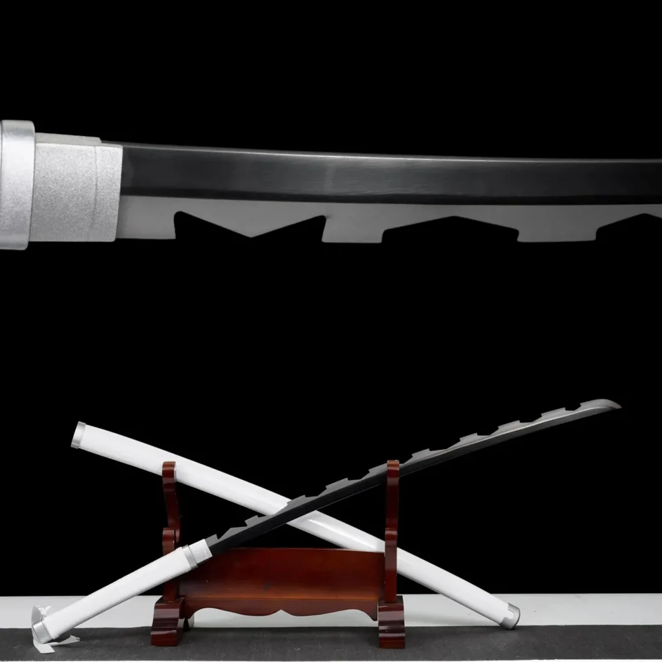 Katana Inosuke inspiré de Demon Slayer, lame noire dentelée 1060, acier 1060
