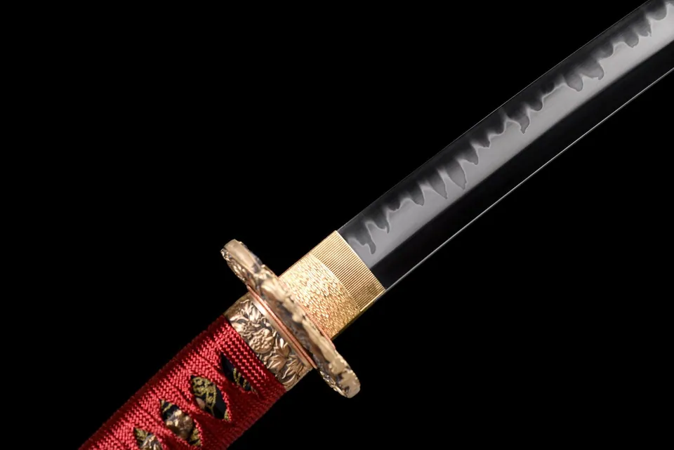 Katana Akatsuki Tachi en acier T10, midare hamon, saya noir, vue 7
