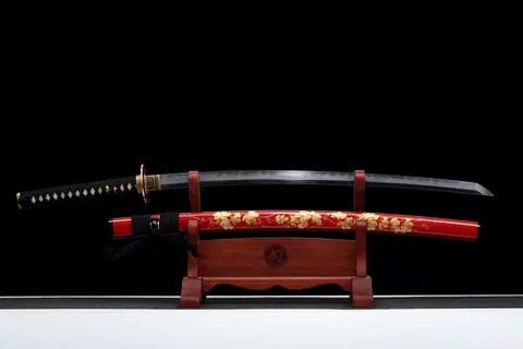 Katana Aki en acier T10 avec hamon, saya d'ébène aux feuilles