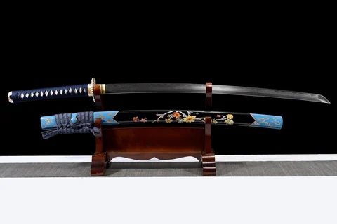 Katana Ame Hana en acier de Damas à hamon, saya noire, fleurs bleues