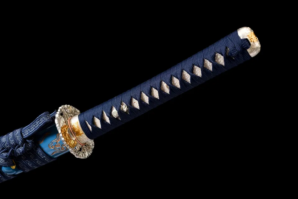 Katana Ame Hana en acier de Damas à hamon, saya noire, fleurs bleues, vue 6