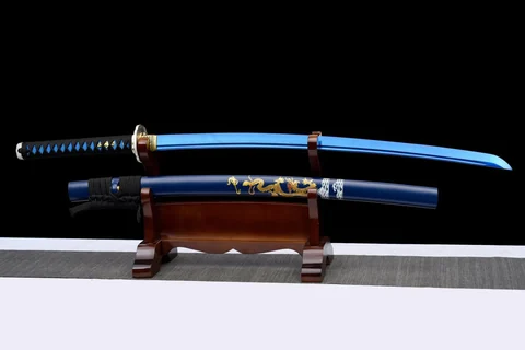 Katana Aoi Ryū en acier de Damas bleui, saya bleue et dragon doré