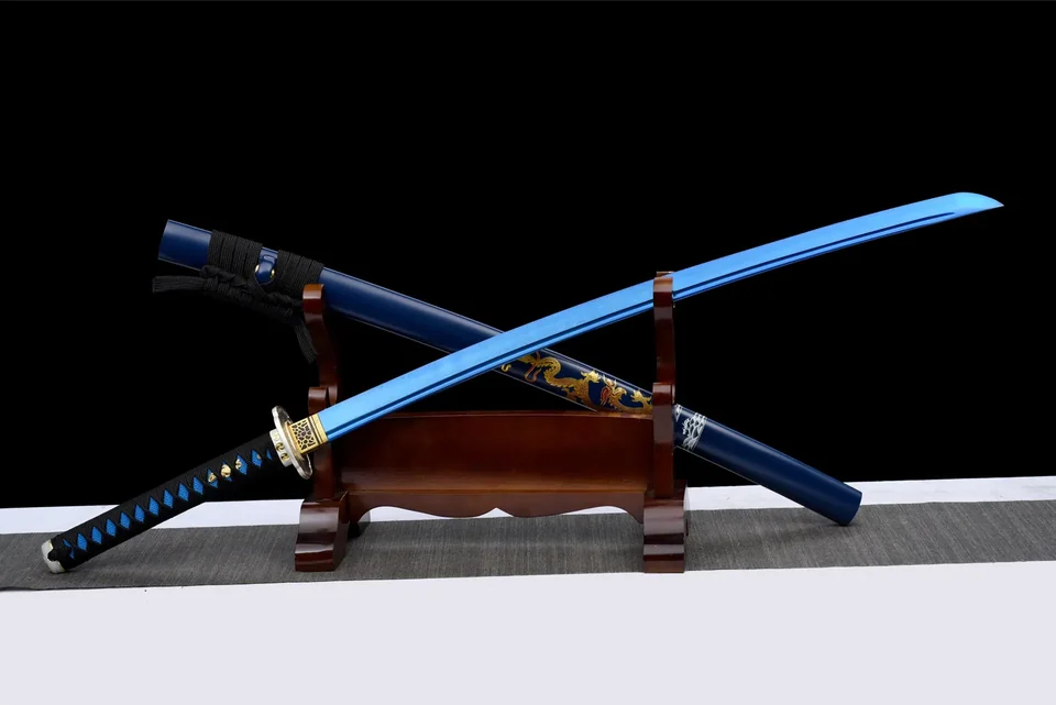 Katana Aoi Ryū en acier de Damas bleui, saya bleue et dragon doré, vue 3