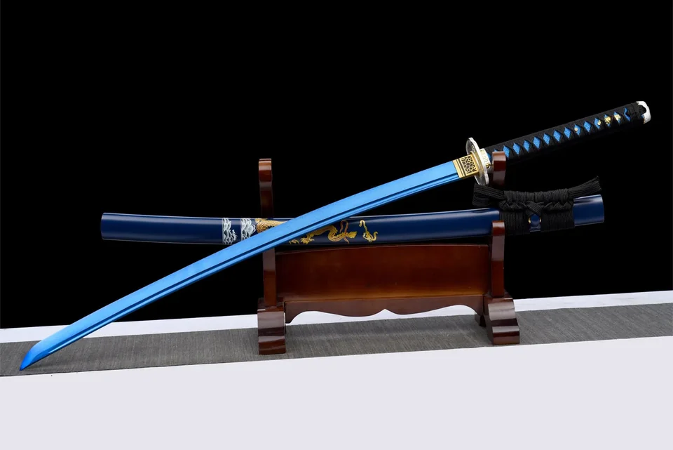Katana Aoi Ryū en acier de Damas bleui, saya bleue et dragon doré, vue 4