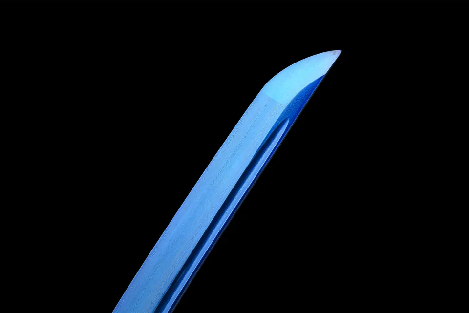 Katana Aoi Ryū en acier de Damas bleui, saya bleue et dragon doré, vue 5