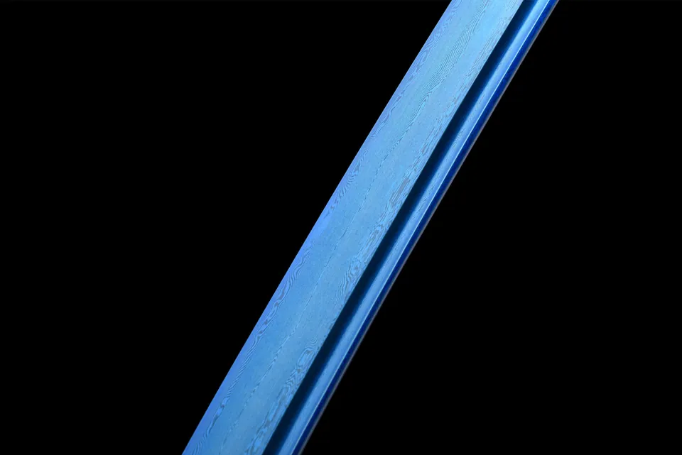 Katana Aoi Ryū en acier de Damas bleui, saya bleue et dragon doré, vue 6