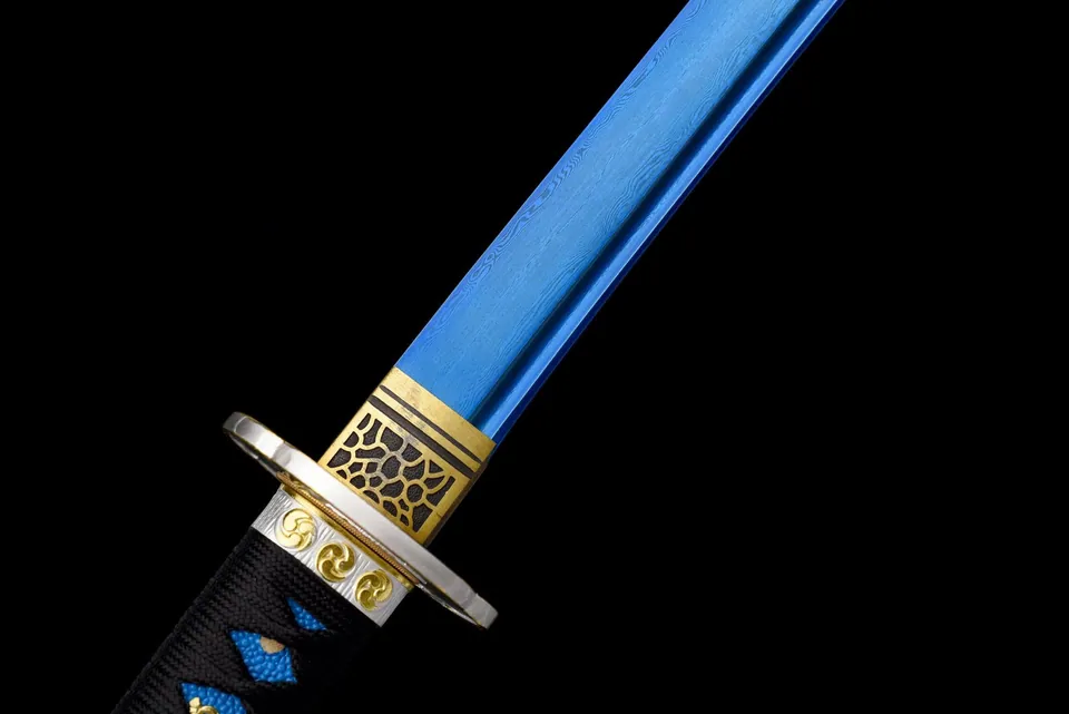 Katana Aoi Ryū en acier de Damas bleui, saya bleue et dragon doré, vue 7