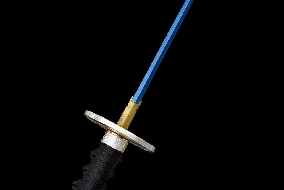 Katana Aoi Ryū en acier de Damas bleui, saya bleue et dragon doré, vue 8