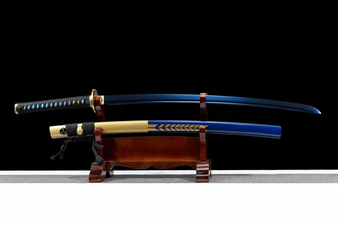 Katana Aoi Yoru en acier 1060, saya bleue et motifs dorés, 103 cm