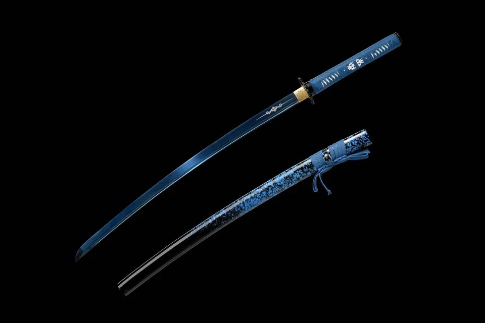 Katana Chie en acier au manganèse à lame bleue, saya bleu, vue 2