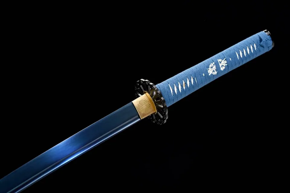 Katana Chie en acier au manganèse à lame bleue, saya bleu, vue 5