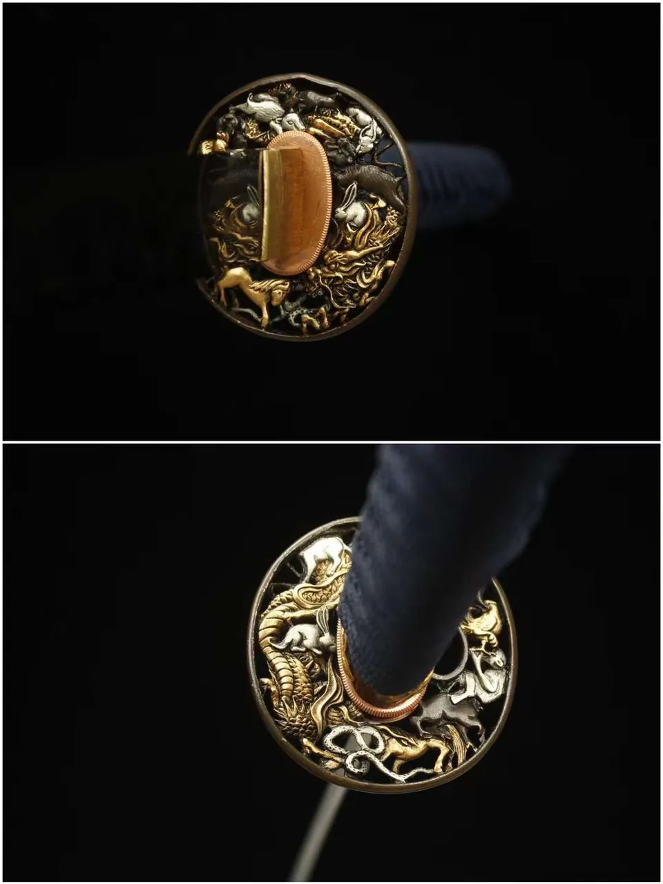 Katana Edo en acier T10 à hamon hitatsura, tsuba or et argent, vue 5