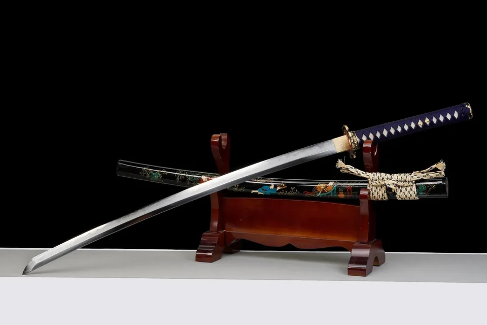 Katana Edo no Hana en acier san mai, saya laqué scènes Edo, vue 3