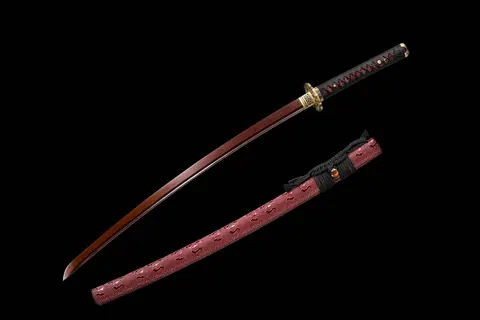 Katana Eien en acier damas rouge avec bo-hi, saya rouge en relief