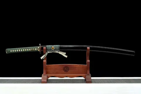 Katana Fukkatsu en acier T10, hamon complexe, saya noir, sageo vert