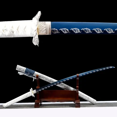 Katana Fuyu en acier au manganèse, lame bleue, saya en bois