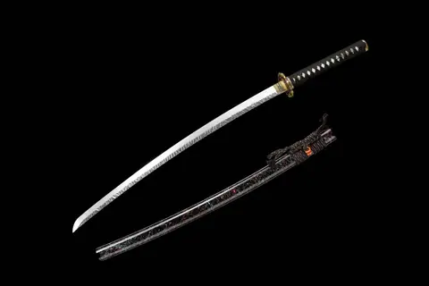 Katana Gaiyo en acier damas sculpté, saya peint, sageo noir et orange