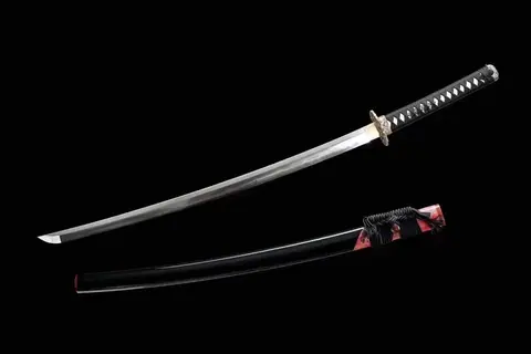 Katana Gin en acier damas avec hamon, tsuba en cuivre et argent doré