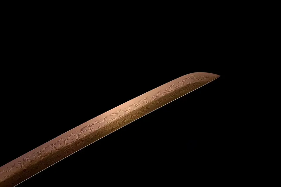Katana Gōrudo en acier damas, lame dorée, tsuba en laiton, vue 4