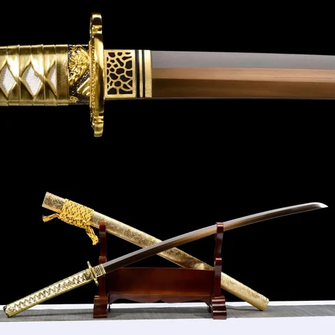 Katana Gouka en acier au manganèse doré, saya doré en relief