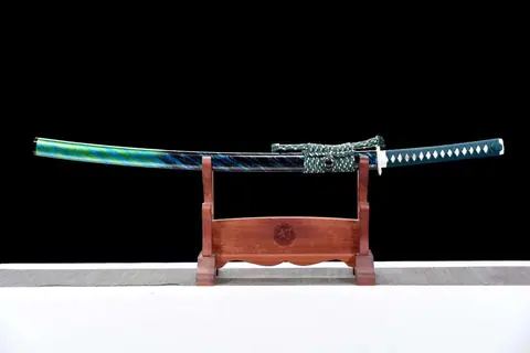 Katana Hakugin en acier de Damas à hamon, saya bleu, vert et noir