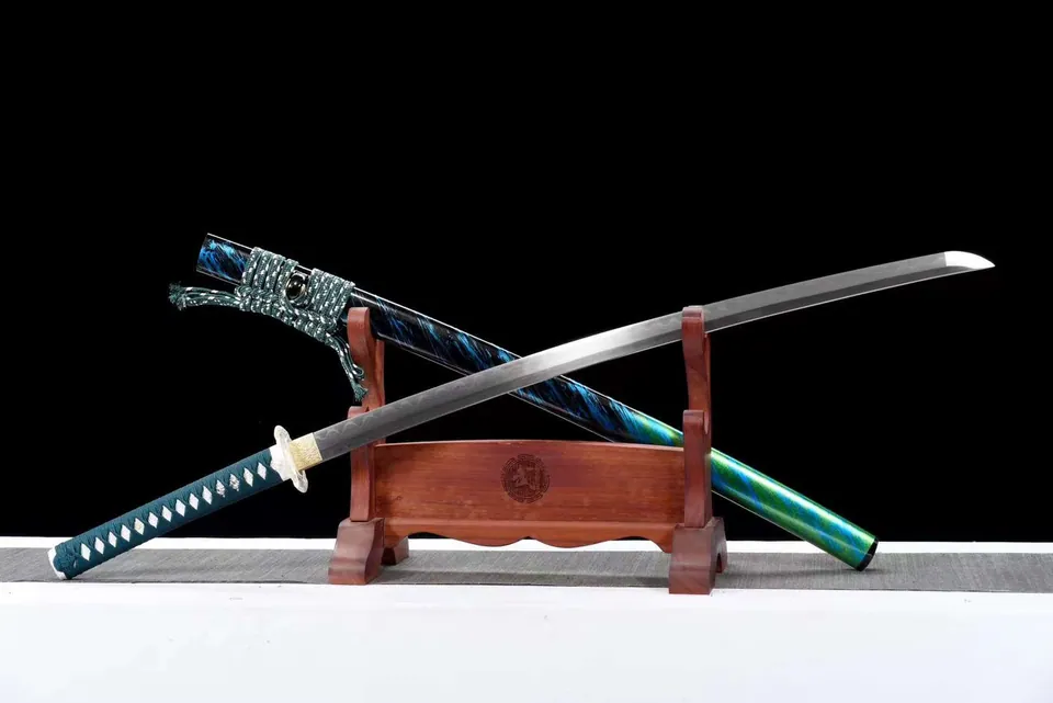 Katana Hakugin en acier de Damas à hamon, saya bleu, vert et noir, vue 4