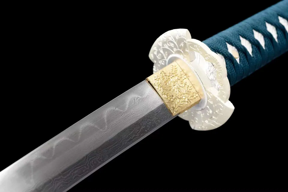 Katana Hakugin en acier de Damas à hamon, saya bleu, vert et noir, vue 7