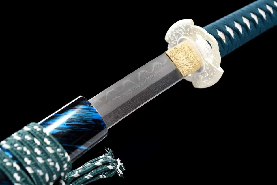Katana Hakugin en acier de Damas à hamon, saya bleu, vert et noir, vue 8