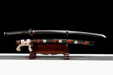 Katana Hanamai en acier kobuse T10 et Damas, saya ébène aux feuilles