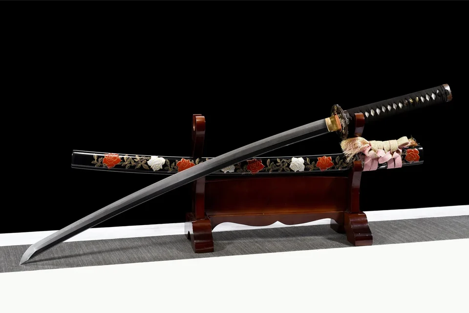 Katana Hanamai en acier kobuse T10 et Damas, saya ébène aux feuilles, vue 3