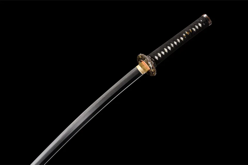 Katana Hanamai en acier kobuse T10 et Damas, saya ébène aux feuilles, vue 6