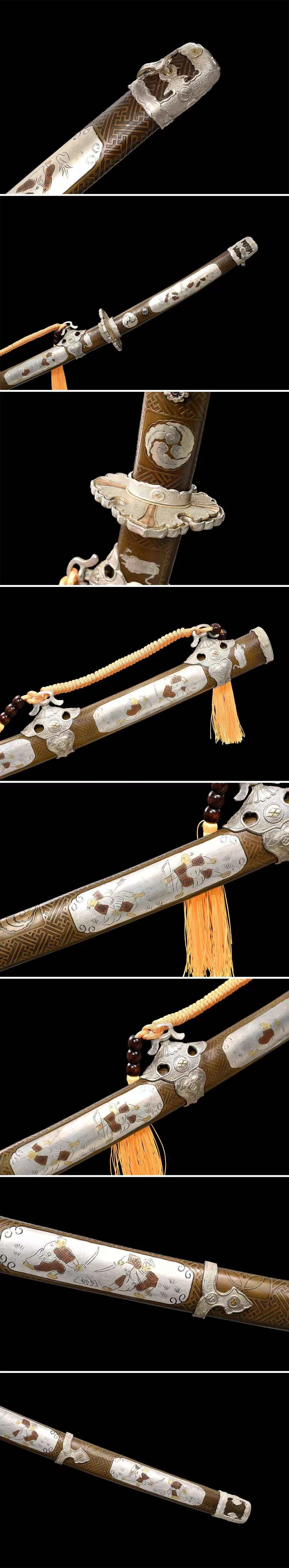 Katana Hasunohana en acier damas, saya en cuivre sculpté, 115 cm, vue 5