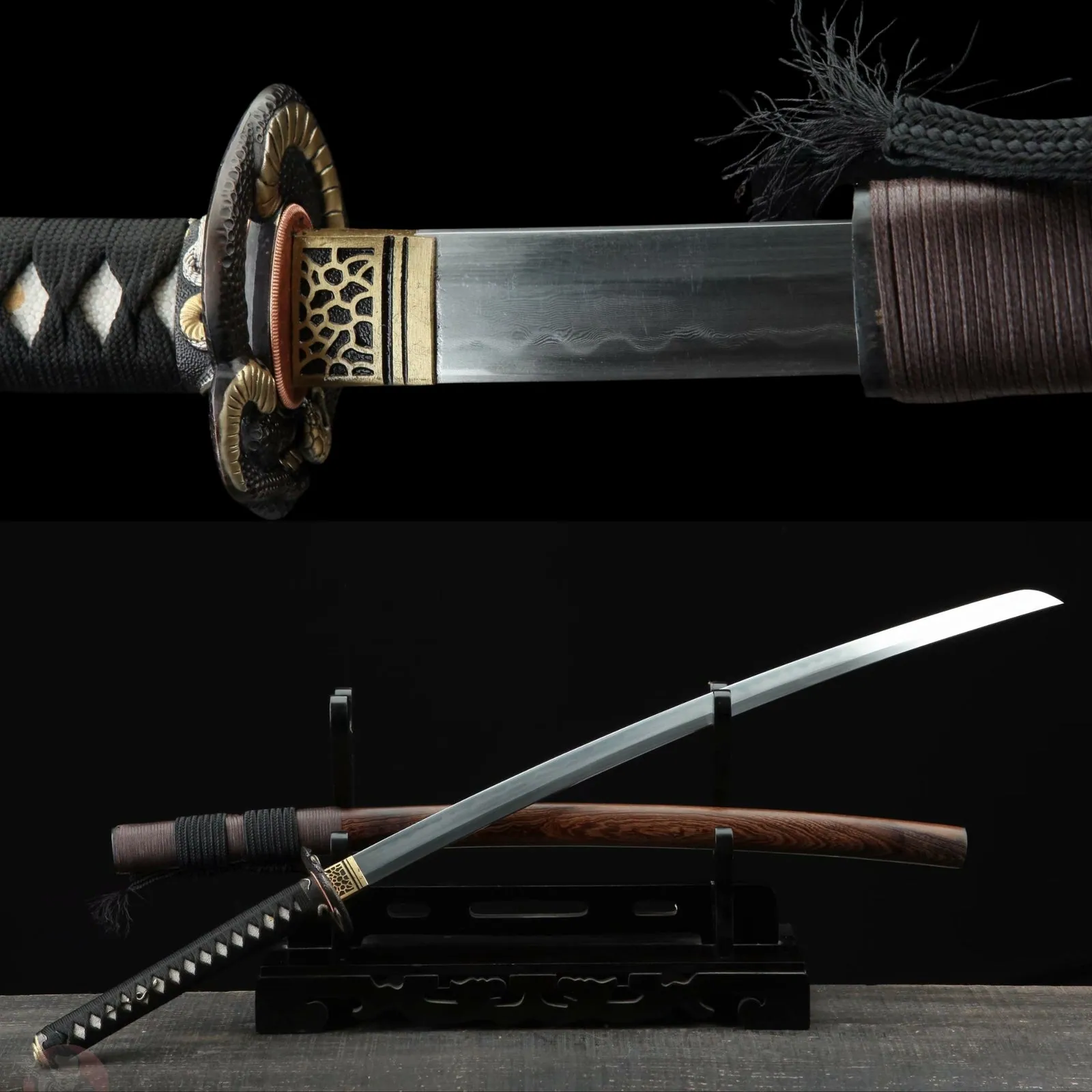 Katana Hebi en acier damas avec hamon, longueur totale de 105 cm, photo de couverture du guide « Nom sabre japonais : katana, wakizashi, tantō et les autres »