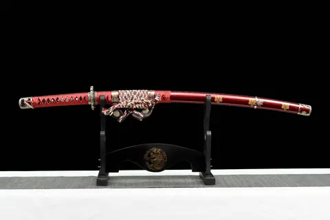 Katana Hideyoshi en acier damas, saya rouge au mon des Toyotomi