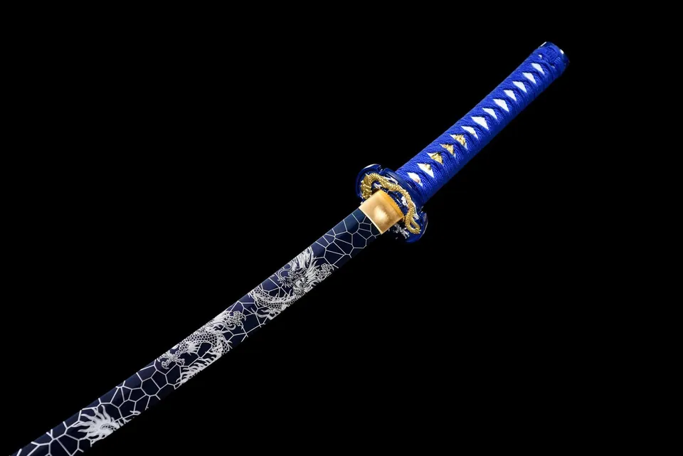 Katana Hyōretsu Sōryū en acier 1060, montures dragon, vue 8