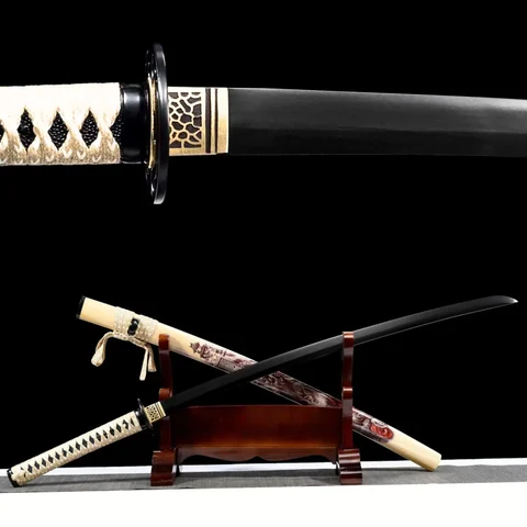 Katana Jin en acier au manganèse, lame noire, saya en bois laqué