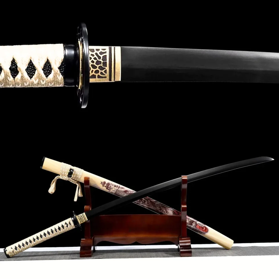 Katana Jin en acier au manganèse, lame noire, saya en bois laqué