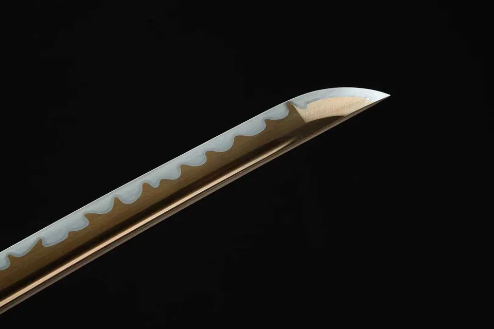 Katana Kaeru en acier au manganèse, lame dorée avec gorge, vue 6