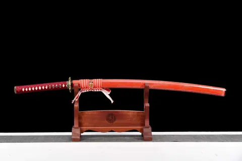 Katana Kaji en acier T10, double bo-hi, saya rouge et tsuba dragon