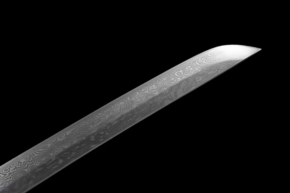 Katana Kasei en acier damas, saya en ébène, kurigata en corne, vue 5