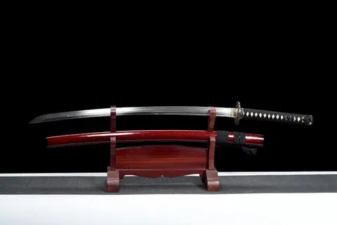 Katana Ketsueki en acier T10 avec hamon, saya laqué rouge