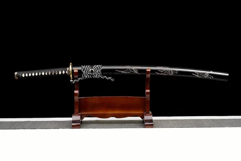 Katana Kokuhoto en acier T10 avec hamon, saya noir au phénix