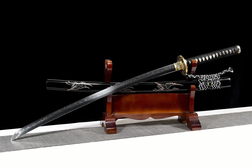 Katana Kokuhoto en acier T10 avec hamon, saya noir au phénix, vue 4