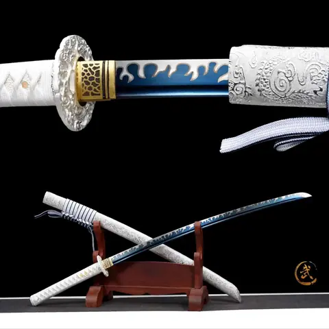 Katana Koori en acier au manganèse, lame bleue, saya en ébène