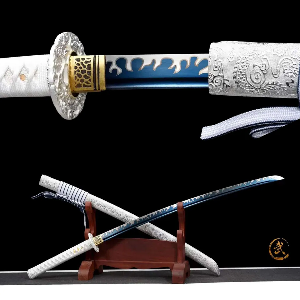 Katana Koori en acier au manganèse, lame bleue, saya en ébène