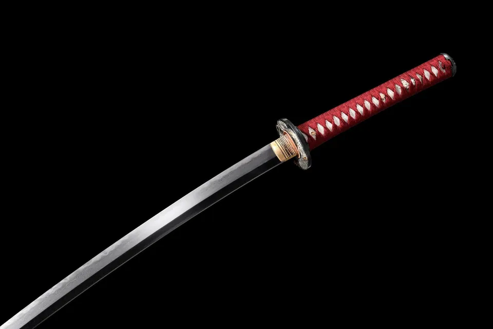 Katana Kōryūtō en acier kobuse, saya craquelé rouge et or, vue 8