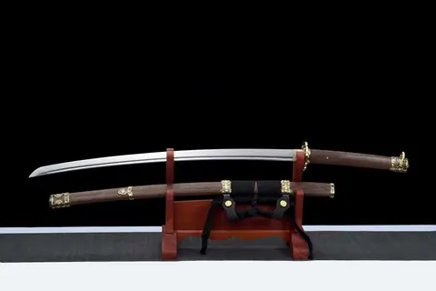Katana Kouji en acier au manganèse avec bo-hi, kashira en laiton doré