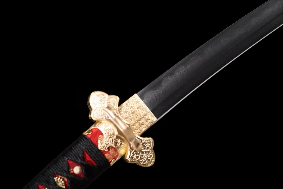 Katana Kōyō Tachi en acier damas avec hamon, saya bordeaux, vue 7