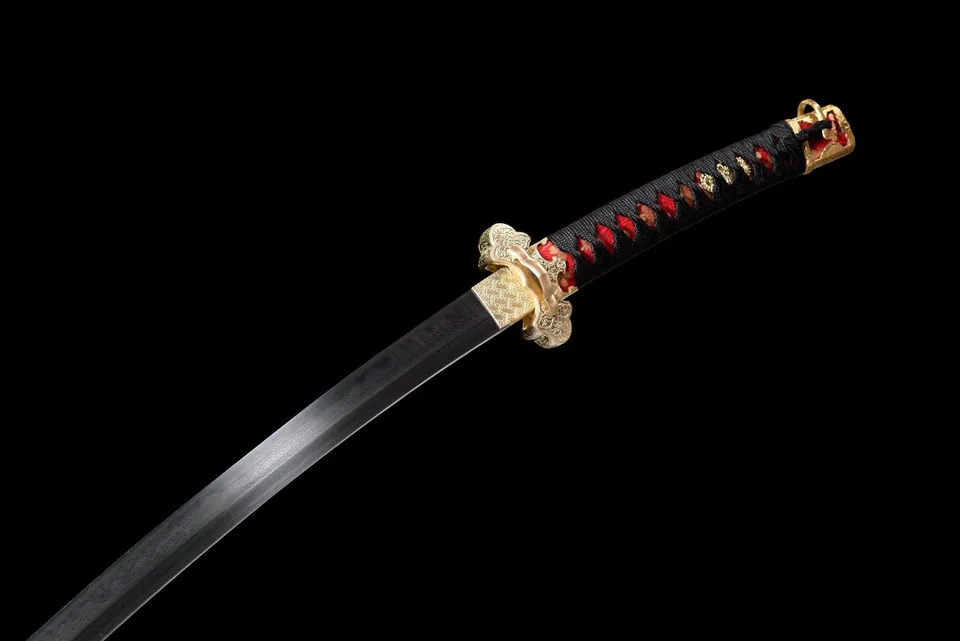 Katana Kōyō Tachi en acier damas avec hamon, saya bordeaux, vue 8