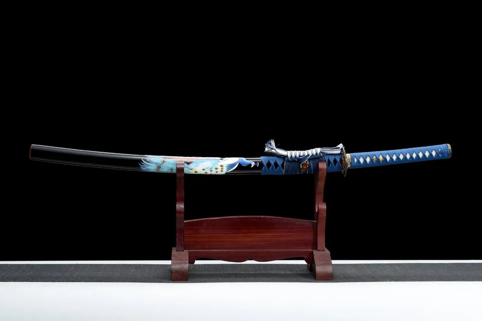 Katana Kujaku en acier T10, hamon en clou de girofle, saya au paon, vue 3